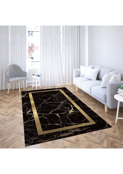 Mermer Desenli Yıkanabilir Kaymaz Taban Leke Tutmaz Modern Salon Halısı ve Yollu (Siyah) fiyatları