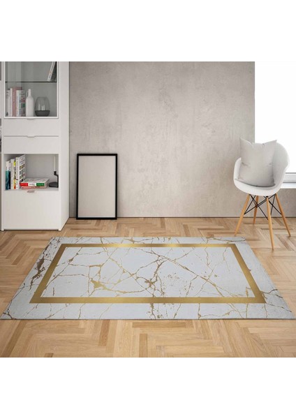 Mermer Desenli Yıkanabilir Kaymaz Taban Leke Tutmaz Modern Salon Halısı ve Yollu (Grigold)