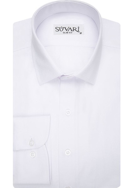 Slim Fit Armür Desenli Beyaz Erkek Gömlek