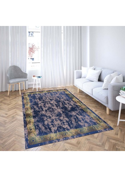 Geometrik Çerçeve Desenli Dijital Baskı Yıkanabilir Kaymaz Taban Eskitme Salon Halısı ve Yolluk Mavi fiyatları