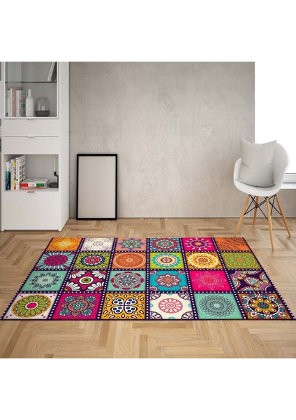 Mandala Desenli Dijital Baskı Yıkanabilir Kaymaz Taban Etnik Salon Halısı ve Yolluk