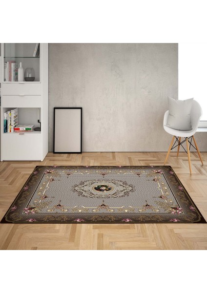 Çiçek Gül Desenli Dijital Baskı Yıkanabilir Kaymaz Taban Vintage Salon Halı ve Yolluk (Kahve)