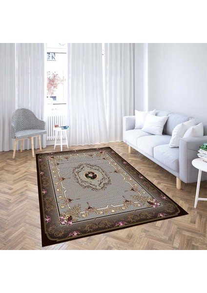 Çiçek Gül Desenli Dijital Baskı Yıkanabilir Kaymaz Taban Vintage Salon Halı ve Yolluk (Kahve) fiyatları