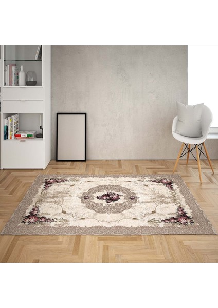 Çiçek Gül Desenli Dijital Baskı Yıkanabilir Kaymaz Taban Vintage Salon Halı ve Yolluk (Bej)
