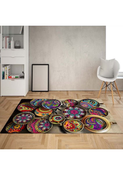 Mandala Desenli Dijital Baskı Yıkanabilir Kaymaz Taban Modern Salon Halısı ve Yolluk