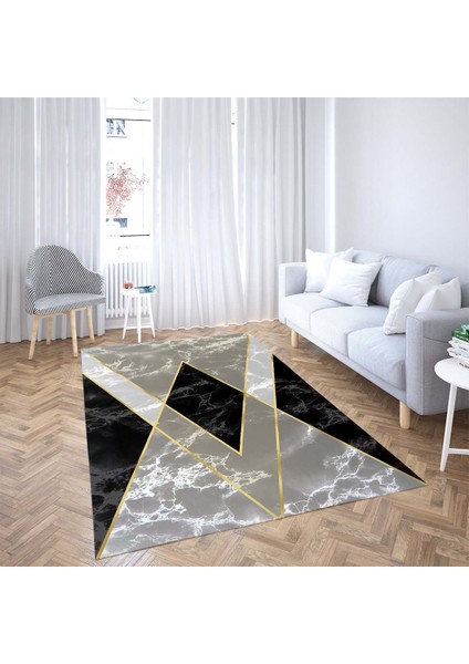Geometrik Karo Mermer Desenli Gold Dijital Baskı Yıkanabilir Kaymaz Taban Salon Halısı ve Yolluk