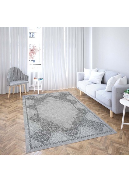Osmanlı Motifler Desenli Dijital Baskı Yıkanabilir Kaymaz Taban Salon Halı ve Yolluk (Gri)