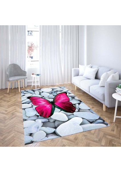 Kelebek Desenli Dijital Baskı Yıkanabilir Kaymaz Taban Modern Salon Halısı ve Yolluk