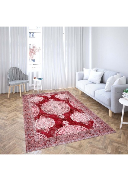 Osmanlı Motifler Desenli Dijital Baskı Yıkanabilir Kaymaz Taban Klasik Salon Halısı ve Yolluk(Krmzı)
