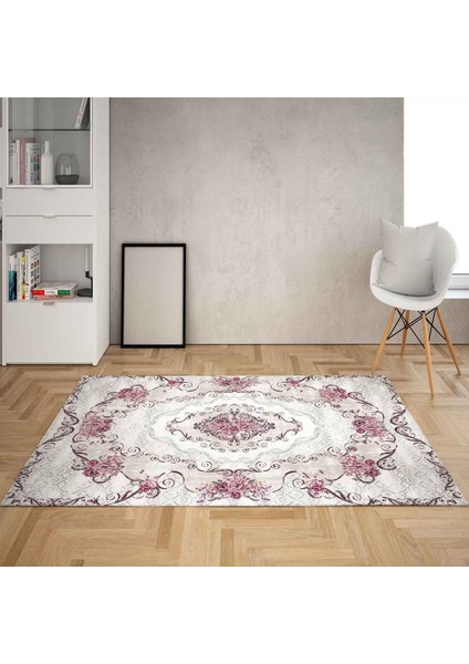 Çiçek Desenli Dijital Baskı Yıkanabilir Kaymaz Taban Leke Tutmaz Vintage Salon Halı ve Yolluk