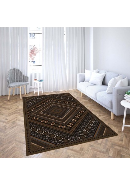 Bona Fortuna Kilim Desenli Etnik Dijital Baskı Yıkanabilir Kaymaz Taban Modern Salon Halı ve Yolluk (Koyu)