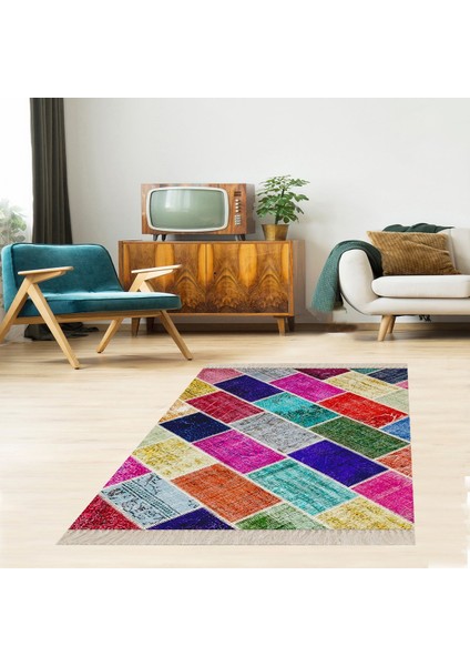 Kilim Desenli Renk Bloklu Etnik Dijital Baskı Yıkanabilir Kaymaz Taban Modern Salon Halı ve Yolluk
