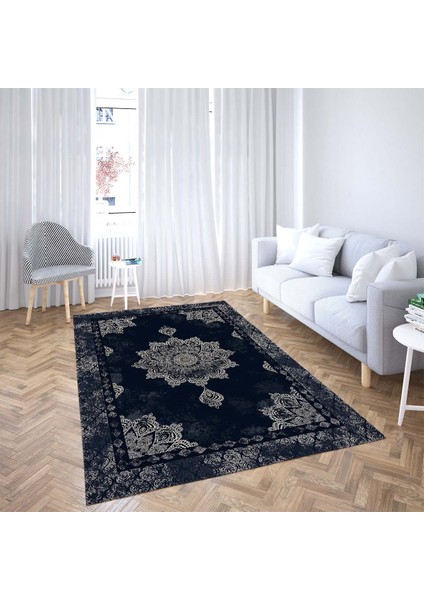 Osmanlı Desen Çerçeveli Dijital Baskı Yıkanabilir Kaymaz Taban Klasik Salon Halısı ve Yolluk (Laci)