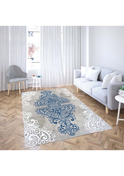 Varak Desenli Osmanlı Motif Dijital Baskı Yıkanabilir Kaymaz Taban Kilim Model Salon Halısı (Mavi)