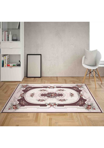 Çiçek Desen Çerçeveli Dijital Baskı Yıkanabilir Kaymaz Taban Vintage Salon Halısı (Kahve)