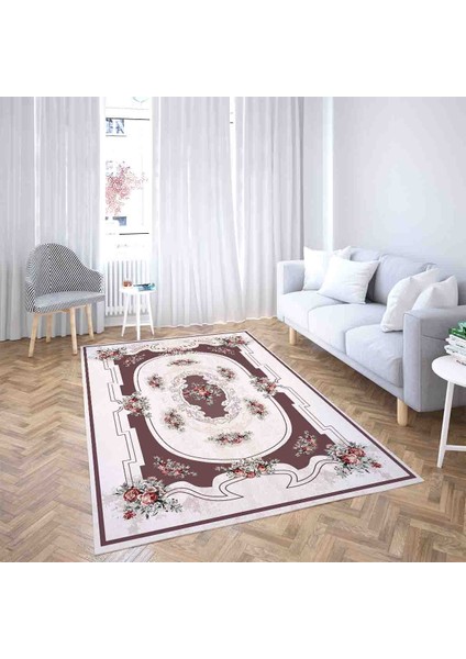 Çiçek Desen Çerçeveli Dijital Baskı Yıkanabilir Kaymaz Taban Vintage Salon Halısı (Kahve) fiyatları