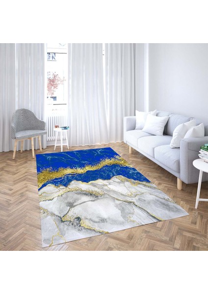 Mermer Desenli Gold Geçişli Dijital Baskı Yıkanabilir Kaymaz Taban Salon Halısı ve Yolluk (Lacivert) fiyatları