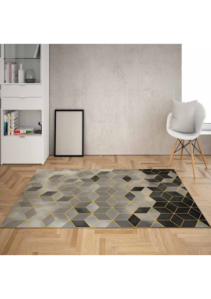 Bal Peteği Desenli Renk Geçişli Dijital Baskı Yıkanabilir Modern Salon Halı ve Yolluk (Siyahgri)