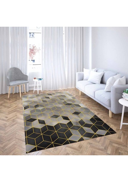 Bal Peteği Desenli Renk Geçişli Dijital Baskı Yıkanabilir Modern Salon Halı ve Yolluk (Siyahgri) fiyatları