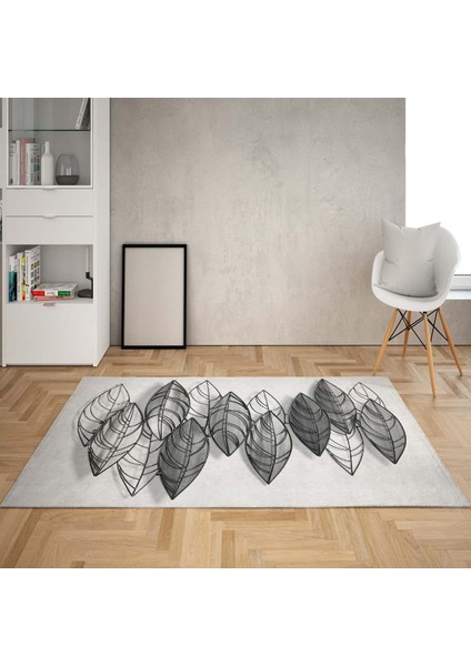 Kuş Tüyü Desenli Dijital Baskılı Kaymaz Taban Yıkanabilir Modern Salon Halısı ve Yolluk (Gri)