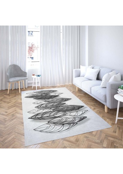 Kuş Tüyü Desenli Dijital Baskılı Kaymaz Taban Yıkanabilir Modern Salon Halısı ve Yolluk (Gri) fiyatları