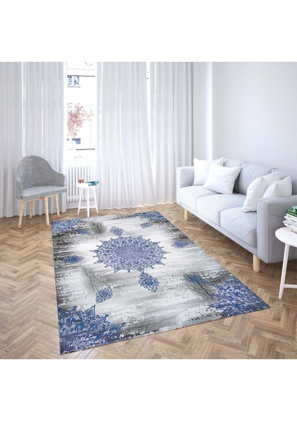 Osmanlı Motifler Desenli Etnik Dijital Baskı Yıkanabilir Kaymaz Taban Eskitme Salon Halısı(Mavi) fiyatları