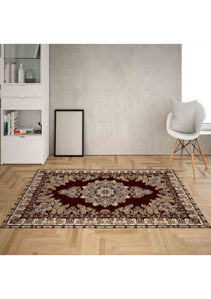 Osmanlı Desen Çerçeveli Dijital Baskı Yıkanabilir Kaymaz Taban Klasik Salon Halısı ve Yolluk (Kahve)