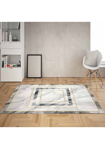 Mermer Desenli Gold Çerçeveli Yıkanabilir Kaymaz Taban Leke Tutmaz Modern Salon Halısı ve Yolluk