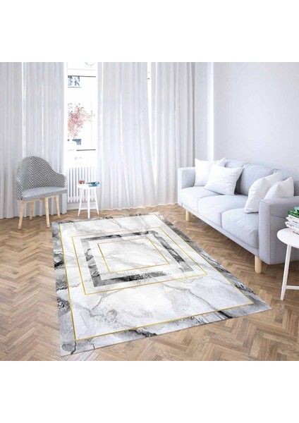 Mermer Desenli Gold Çerçeveli Yıkanabilir Kaymaz Taban Leke Tutmaz Modern Salon Halısı ve Yolluk fiyatları
