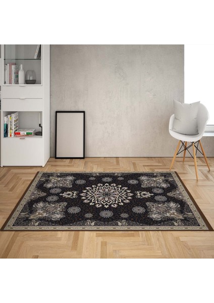 Osmanlı Motifler Desenli Dijital Baskı Yıkanabilir Kaymaz Taban Salon Halı ve Yolluk(Siyah)
