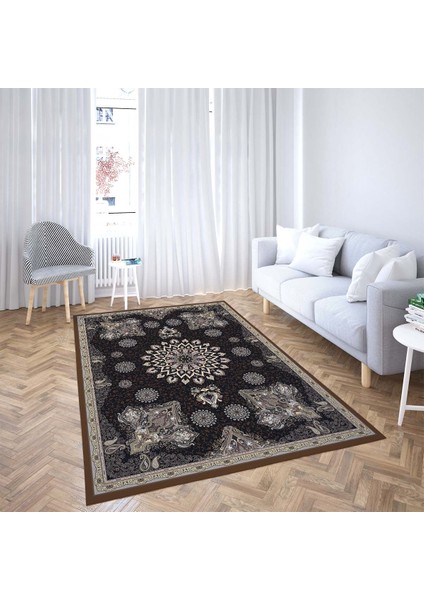 Osmanlı Motifler Desenli Dijital Baskı Yıkanabilir Kaymaz Taban Salon Halı ve Yolluk(Siyah) fiyatları