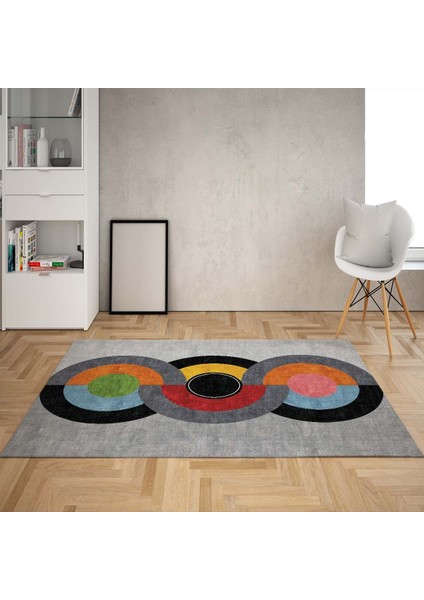 Geometrik Çember Desenli Renk Bloklu Dijital Baskılı Kaymaz Taban Yıkanabilir Salon Halısı ve Yolluk