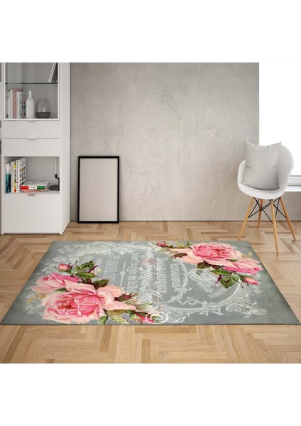 Gül Desenli Dijital Baskı Yıkanabilir Kaymaz Taban Vintage Salon Halısı ve Yolluk