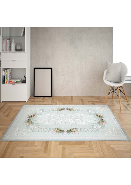 Çiçek Desenli Çerçeveli Dijital Baskı Yıkanabilir Kaymaz Taban Vintage Salon Halı ve Yolluk (Mavi)