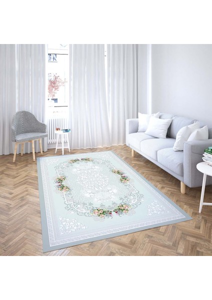 Çiçek Desenli Çerçeveli Dijital Baskı Yıkanabilir Kaymaz Taban Vintage Salon Halı ve Yolluk (Mavi)