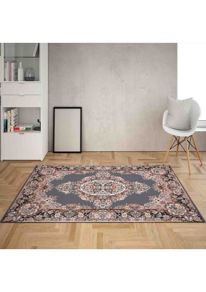 Osmanlı Çiçek Desen Çerçeveli Dijital Baskı Yıkanabilir Kaymaz Taban Klasik Salon Halısı