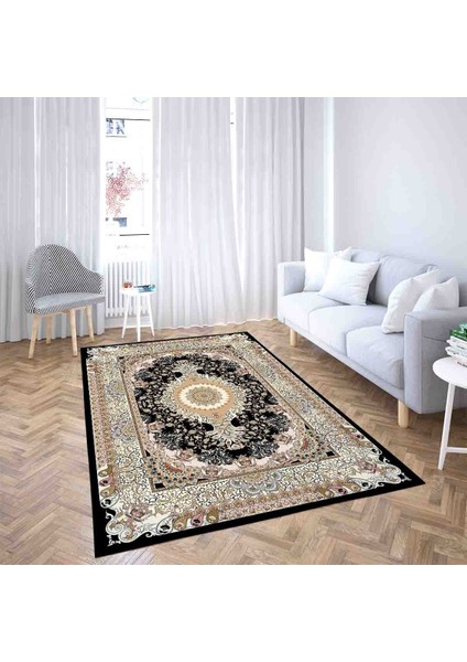 Osmanlı Motifler Desenli Etnik Dijital Baskı Yıkanabilir Kaymaz Taban Salon Halı ve Yolluk (Siyah) fiyatları