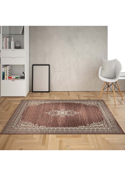 Osmanlı Motifler Desenli Dijital Baskı Yıkanabilir Kaymaz Taban Salon Halı ve Yolluk (Kahve)