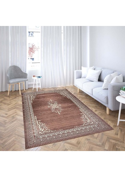 Osmanlı Motifler Desenli Dijital Baskı Yıkanabilir Kaymaz Taban Salon Halı ve Yolluk (Kahve) fiyatları
