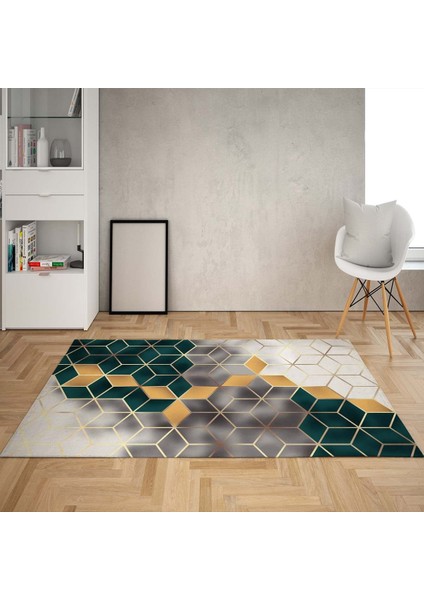 Balpeteği Desenli Dijital Baskı Yıkanabilir Kaymaz Taban Modern Salon Halısı ve Yolluk (Yeşil)