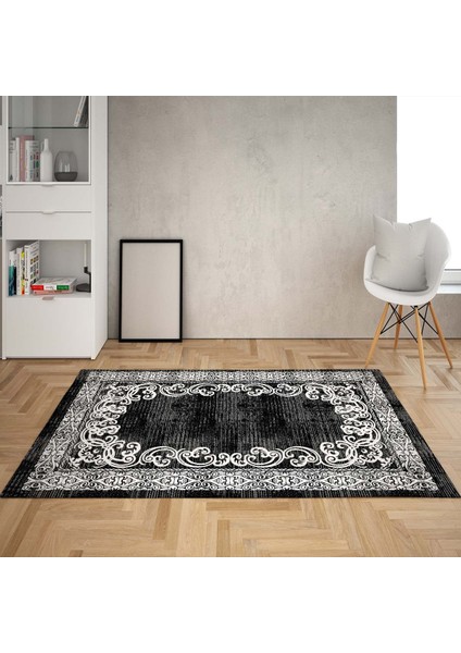 Osmanlı Motifler Çerçeve Desenli Dijital Baskı Yıkanabilir Kaymaz Taban Salon Halı ve Yolluk (Kahve)