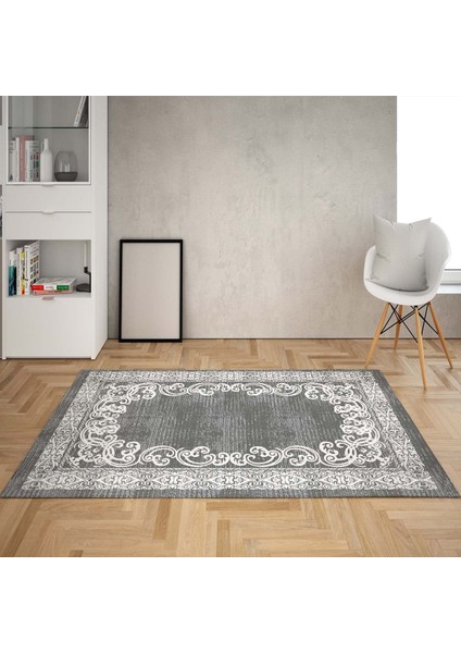 Osmanlı Motifler Çerçeve Desenli Dijital Baskı Yıkanabilir Kaymaz Taban Salon Halı ve Yolluk (Gri)