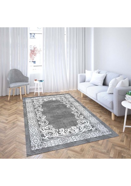 Osmanlı Motifler Çerçeve Desenli Dijital Baskı Yıkanabilir Kaymaz Taban Salon Halı ve Yolluk (Gri) fiyatları