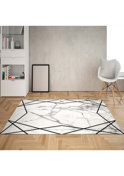 Geometrik Çerçeveli Mermer Desenli Çerçeveli Dijital Baskı Yıkanabilir Kaymaz Taban Salon Halısı