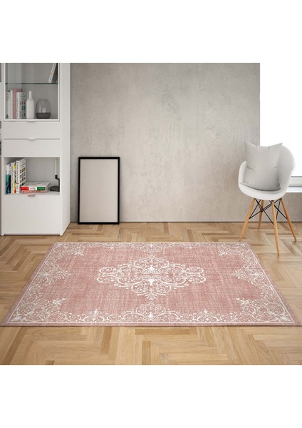 Osmanlı Motifler Çerçeve Desenli Dijital Baskı Yıkanabilir Kaymaz Taban Salon Halı ve Yolluk (Pudra)