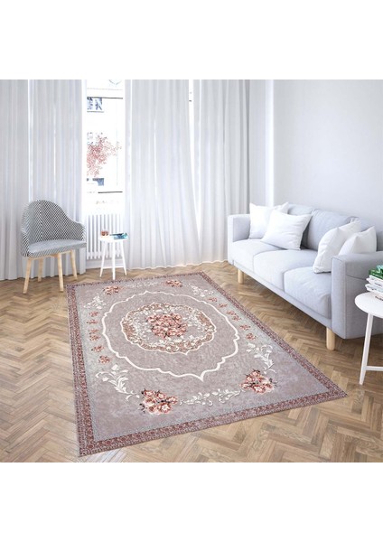 Osmanlı Motifler Desenli Etnik Dijital Baskı Yıkanabilir Kaymaz Taban Salon Halı ve Yolluk (Somon) fiyatları