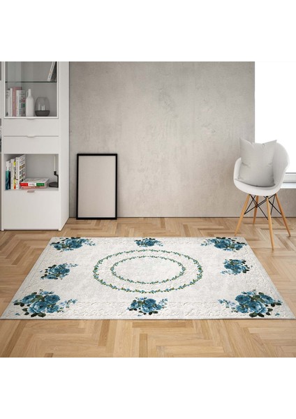 Çiçek Desenli Etnik Dijital Baskı Yıkanabilir Kaymaz Taban Vintage Salon Halı ve Yolluk(Mavi)
