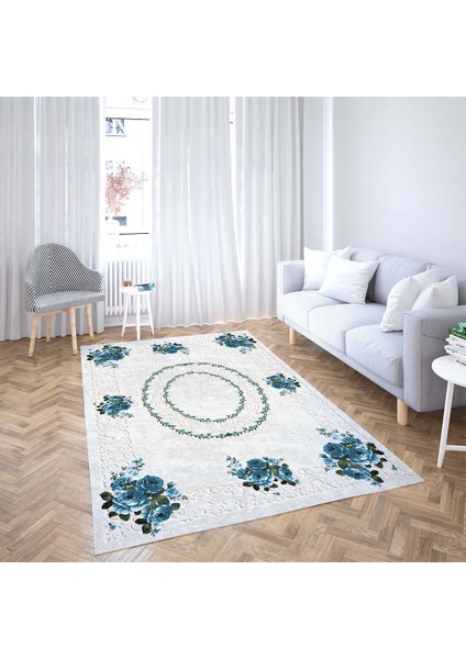 Çiçek Desenli Etnik Dijital Baskı Yıkanabilir Kaymaz Taban Vintage Salon Halı ve Yolluk(Mavi) fiyatları