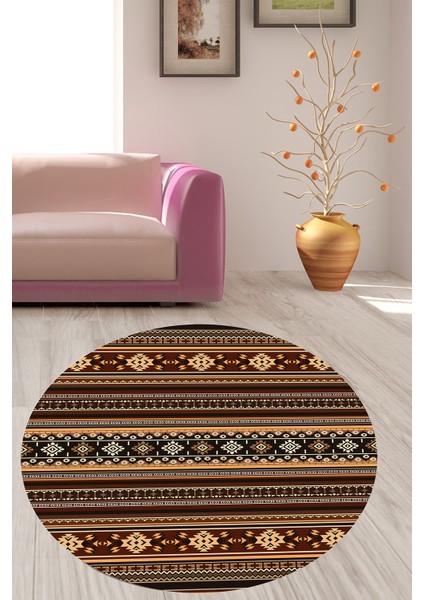 Kilim Motifler Desenli Etnik Dijital Baskı Yıkanabilir Kaymaz Taban Yuvarlak Salon Hol Halısı(Kahve)