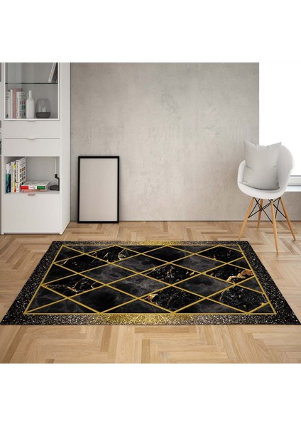 Balpeteği Geometrik Gold Desenli Etnik Dijital Baskı Yıkanabilir Kaymaz Taban Salon Halı ve Yollu